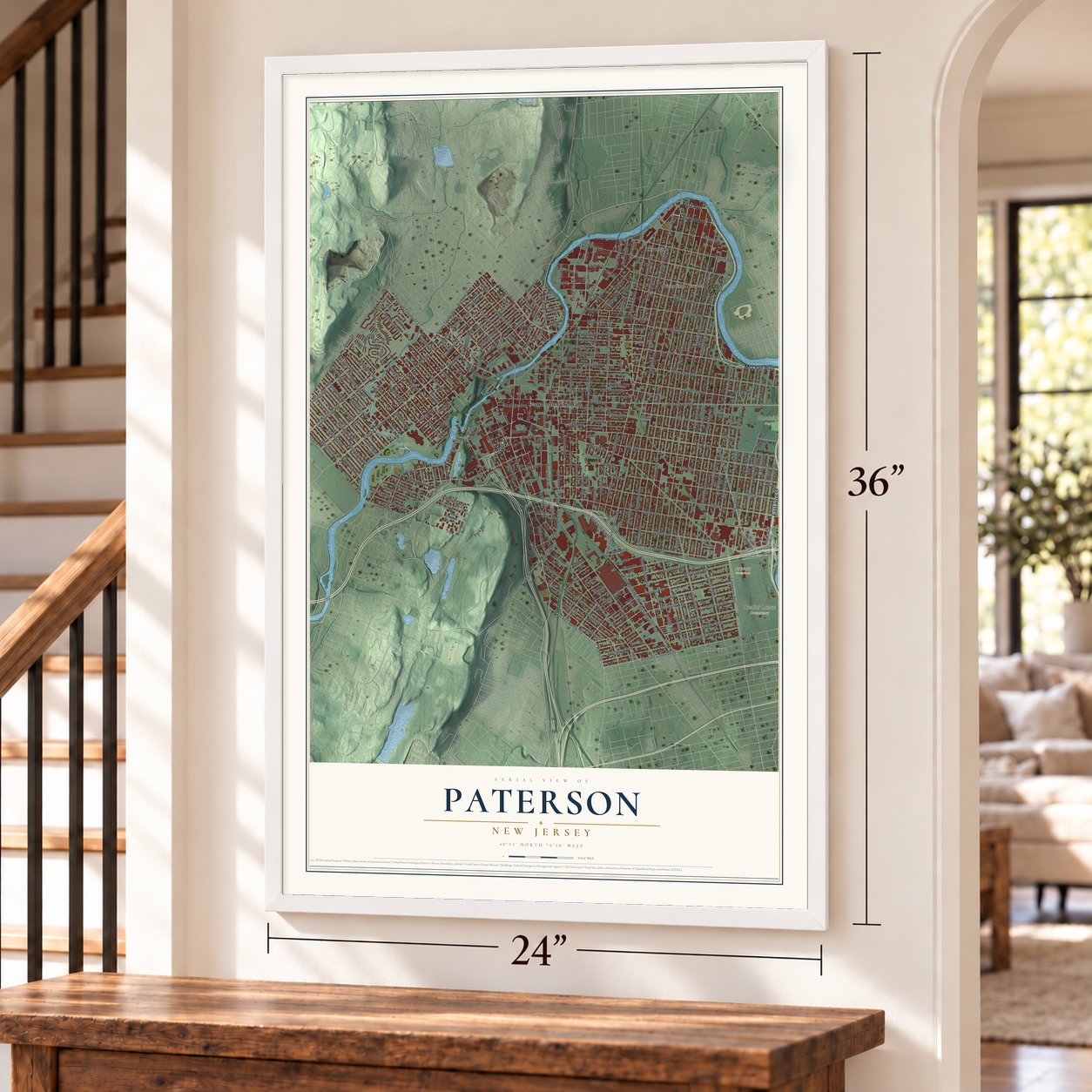 Paterson, New Jersey map, 24 x 36 inch print in a white frame by a staircase