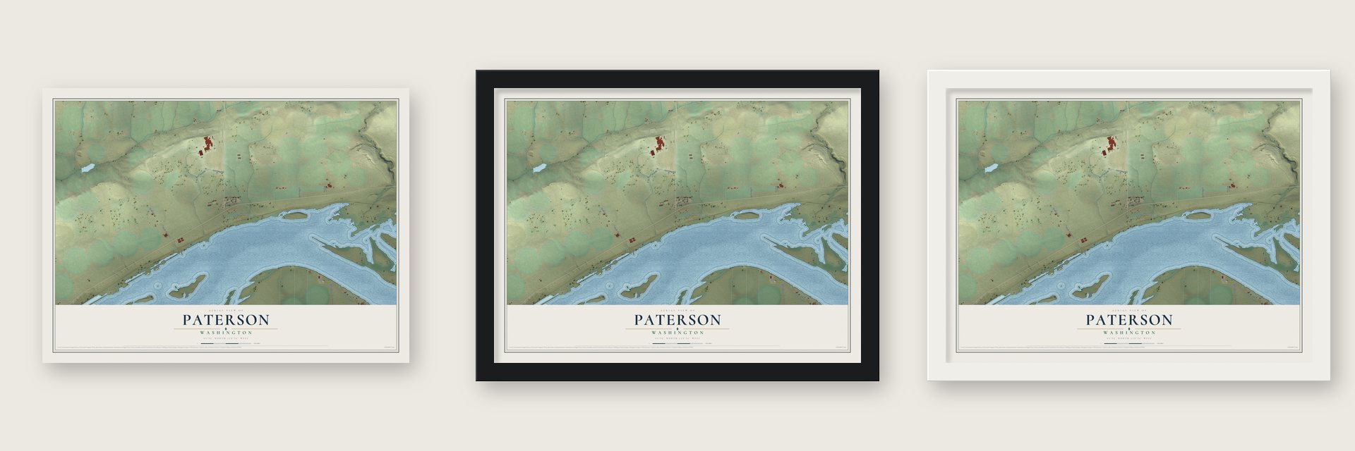 Paterson, Washington map unframed, in a black wood frame and in a white wood frame