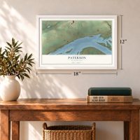 Paterson, Washington map, 12 x 18 inch print in a white frame in an entryway