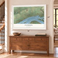Paterson, Washington map, 24 x 36 inch print in a white frame above a dresser by a staircase