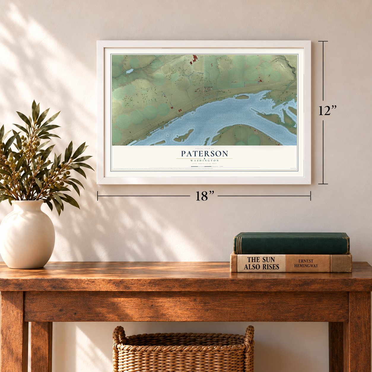 Paterson, Washington map, 12 x 18 inch print in a white frame in an entryway