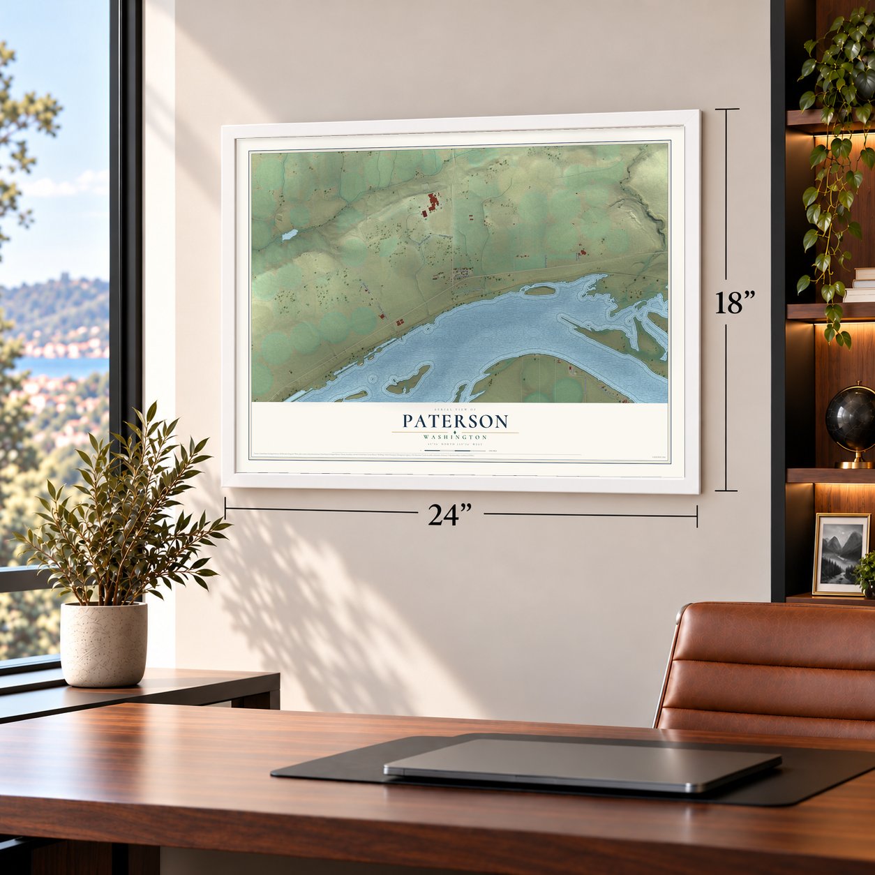 Paterson, Washington map, 18 x 24 inch print in a white frame in a home office