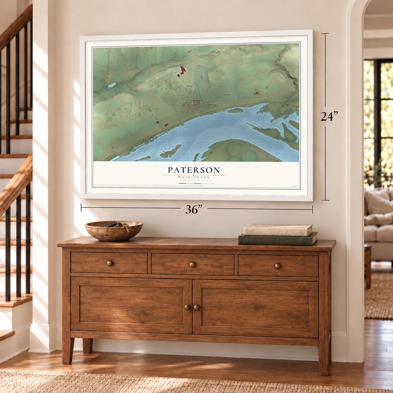 Paterson, Washington map, 24 x 36 inch print in a white frame above a dresser by a staircase