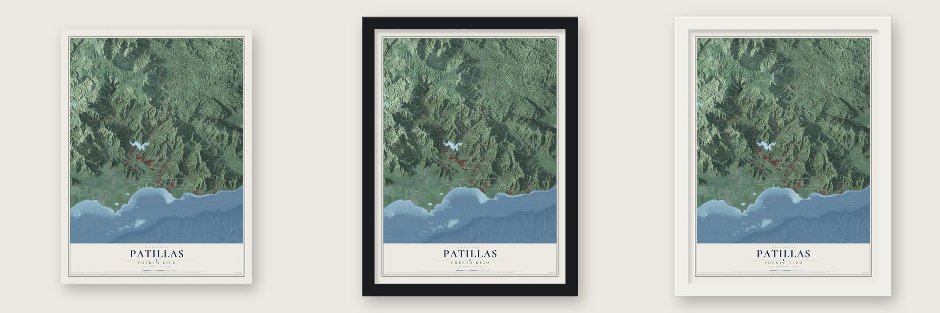 Patillas, Puerto Rico map unframed, in a black wood frame and in a white wood frame