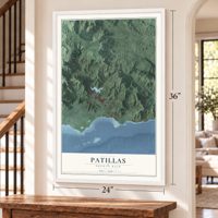 Patillas, Puerto Rico map, 24 x 36 inch print in a white frame by a staircase
