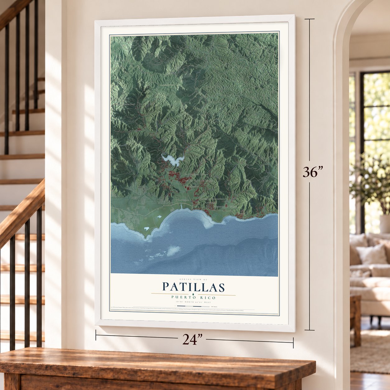 Patillas, Puerto Rico map, 24 x 36 inch print in a white frame by a staircase