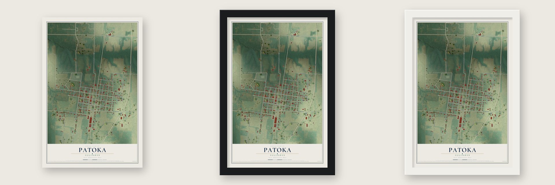 Patoka, Illinois map unframed, in a black wood frame and in a white wood frame