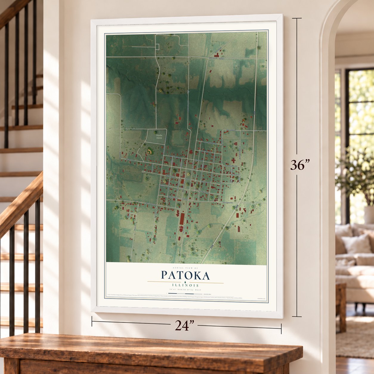Patoka, Illinois map, 24 x 36 inch print in a white frame by a staircase