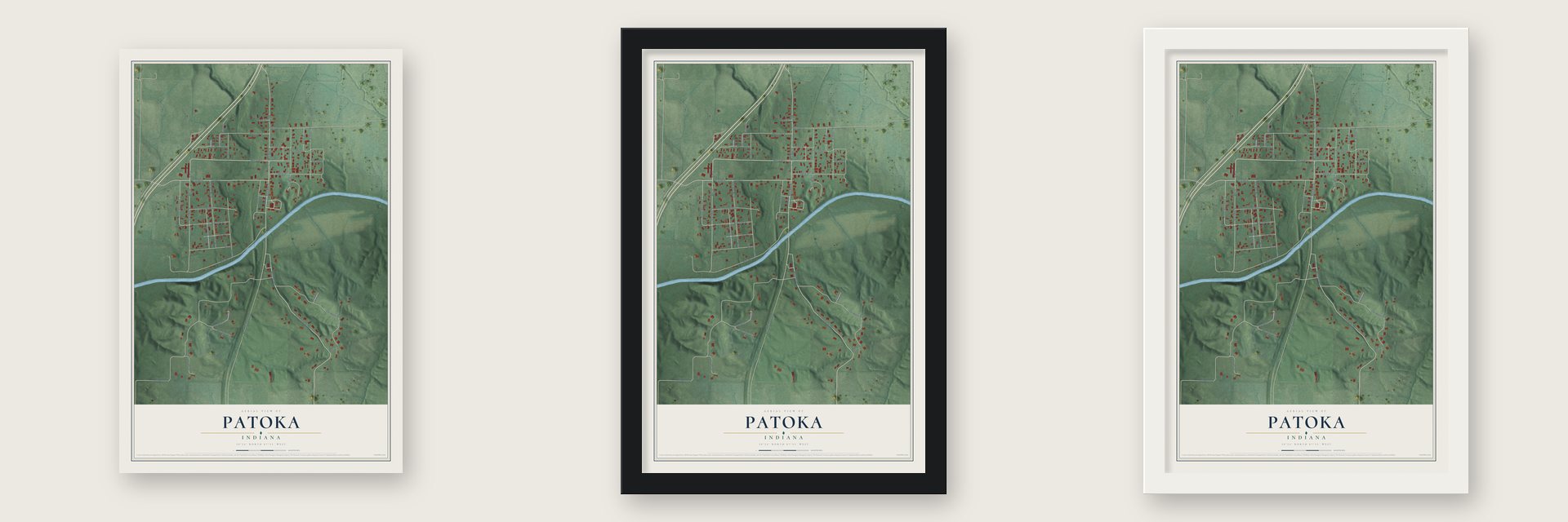Patoka, Indiana map unframed, in a black wood frame and in a white wood frame