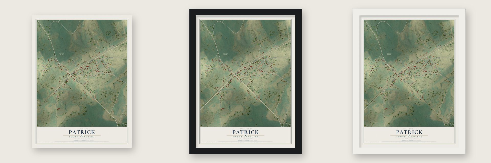 Patrick, South Carolina map unframed, in a black wood frame and in a white wood frame