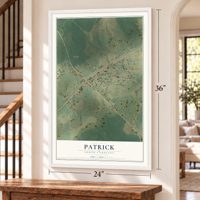 Patrick, South Carolina map, 24 x 36 inch print in a white frame by a staircase