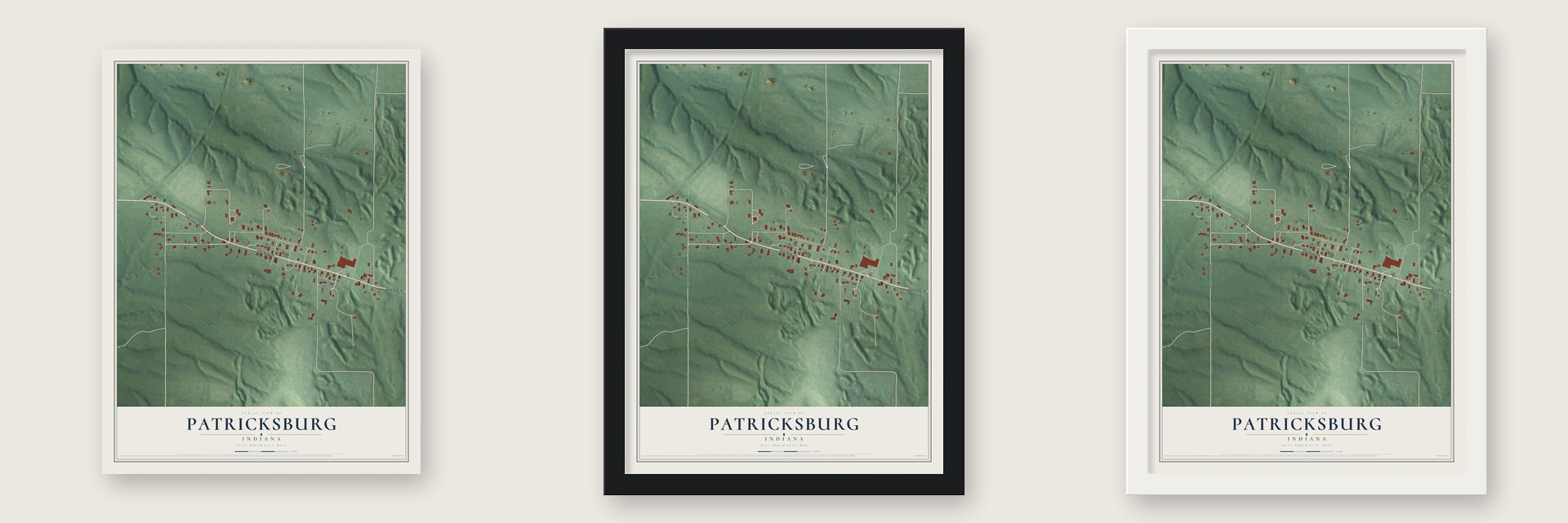 Patricksburg, Indiana map unframed, in a black wood frame and in a white wood frame