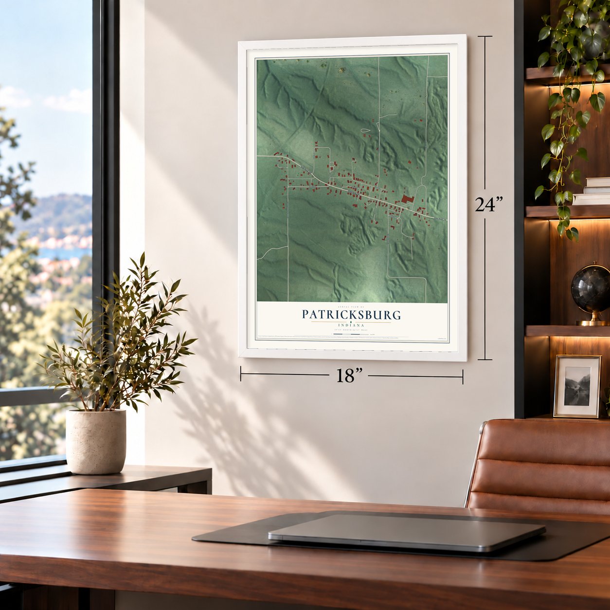 Patricksburg, Indiana map, 18 x 24 inch print in a white frame in a home office
