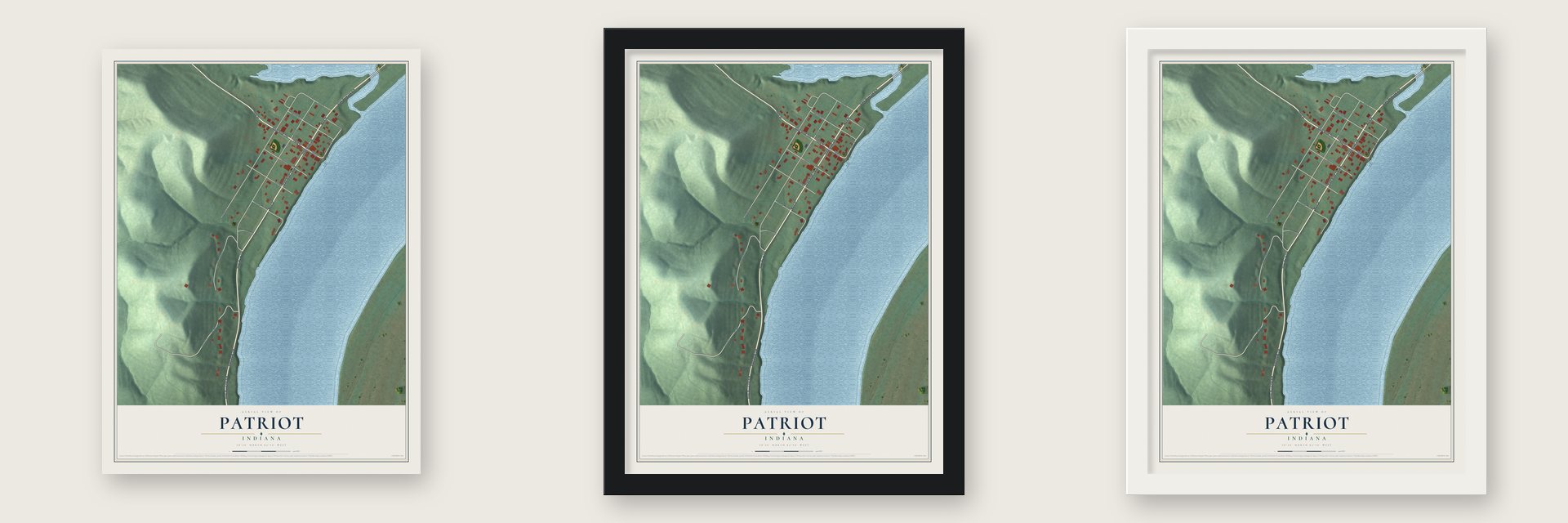Patriot, Indiana map unframed, in a black wood frame and in a white wood frame