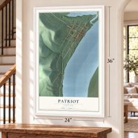 Patriot, Indiana map, 24 x 36 inch print in a white frame by a staircase