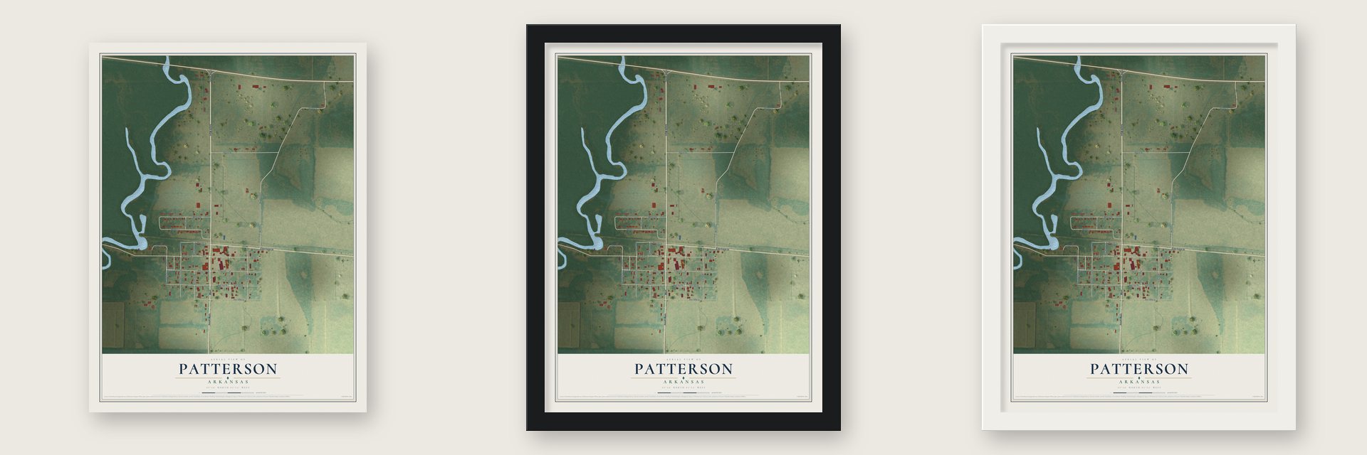 Patterson, Arkansas map unframed, in a black wood frame and in a white wood frame