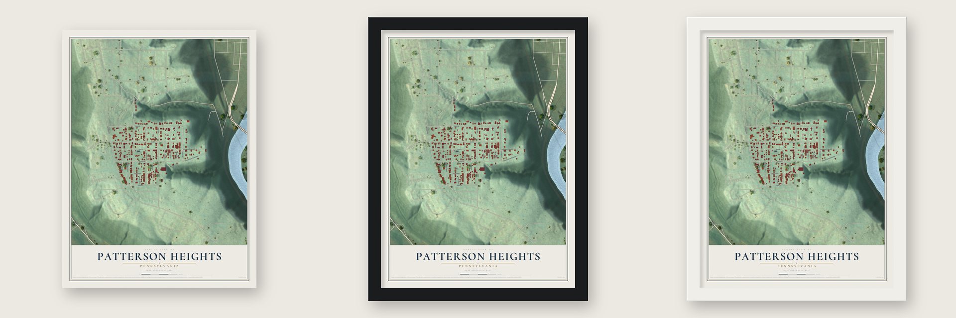 Patterson Heights, Pennsylvania map unframed, in a black wood frame and in a white wood frame