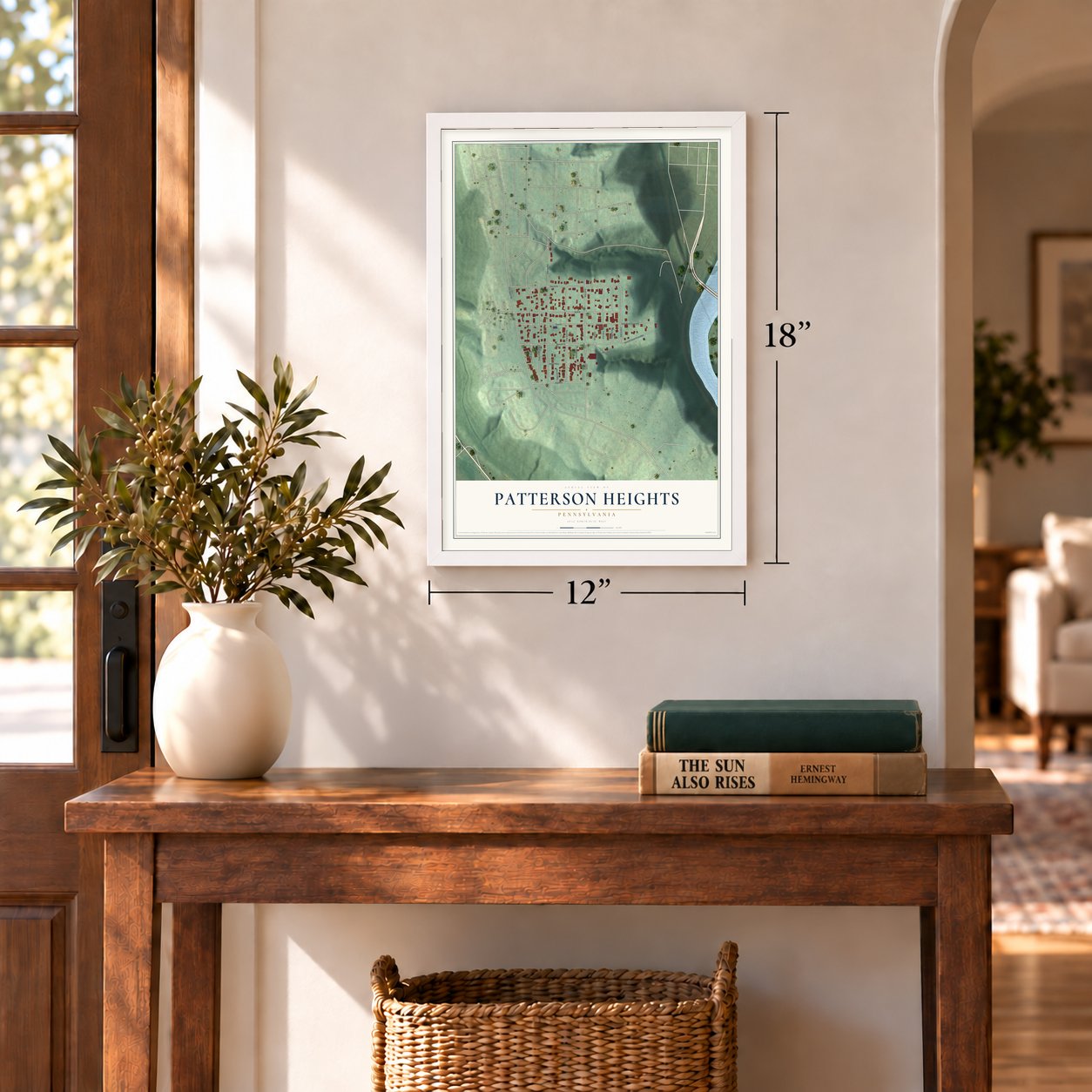 Patterson Heights, Pennsylvania map, 12 x 18 inch print in a white frame in an entryway