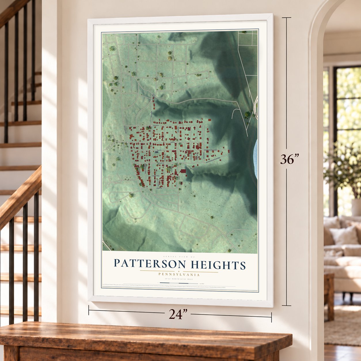 Patterson Heights, Pennsylvania map, 24 x 36 inch print in a white frame by a staircase