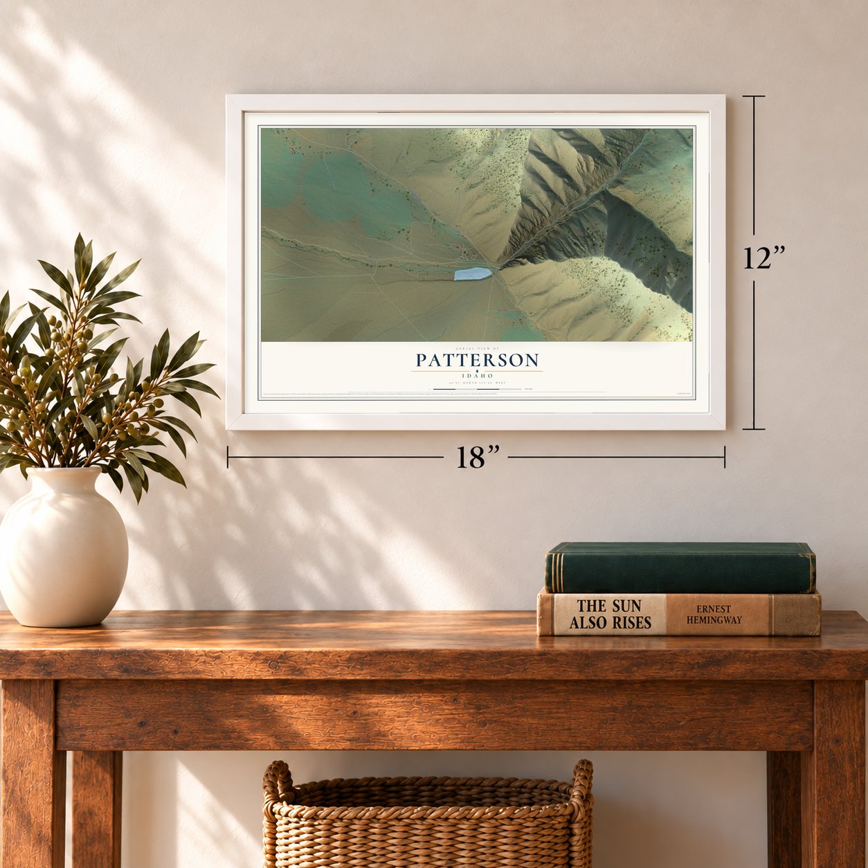 Patterson, Idaho map, 12 x 18 inch print in a white frame in an entryway