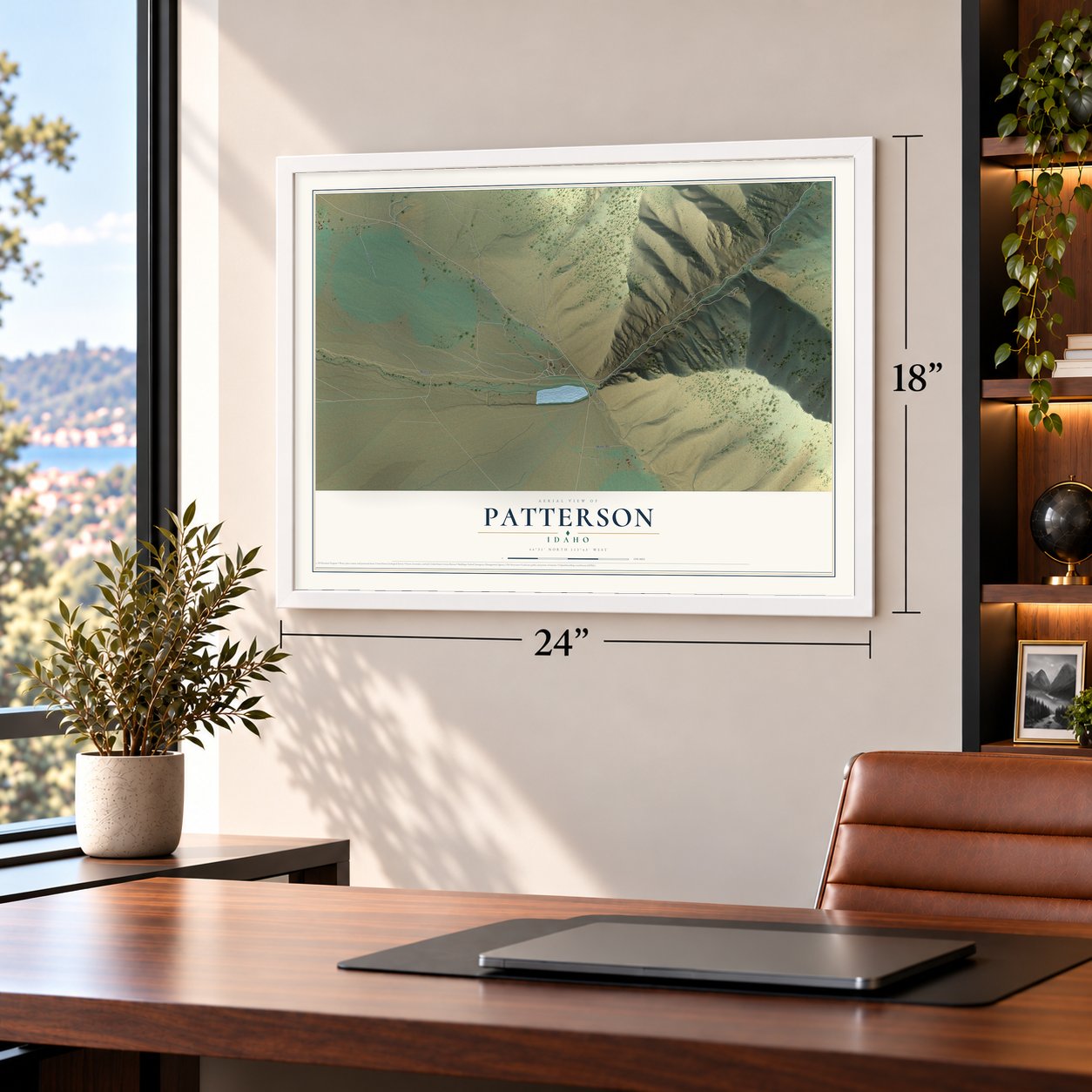 Patterson, Idaho map, 18 x 24 inch print in a white frame in a home office