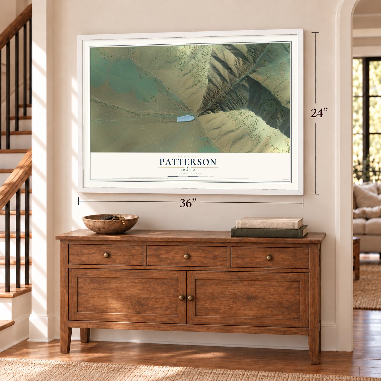 Patterson, Idaho map, 24 x 36 inch print in a white frame above a dresser by a staircase