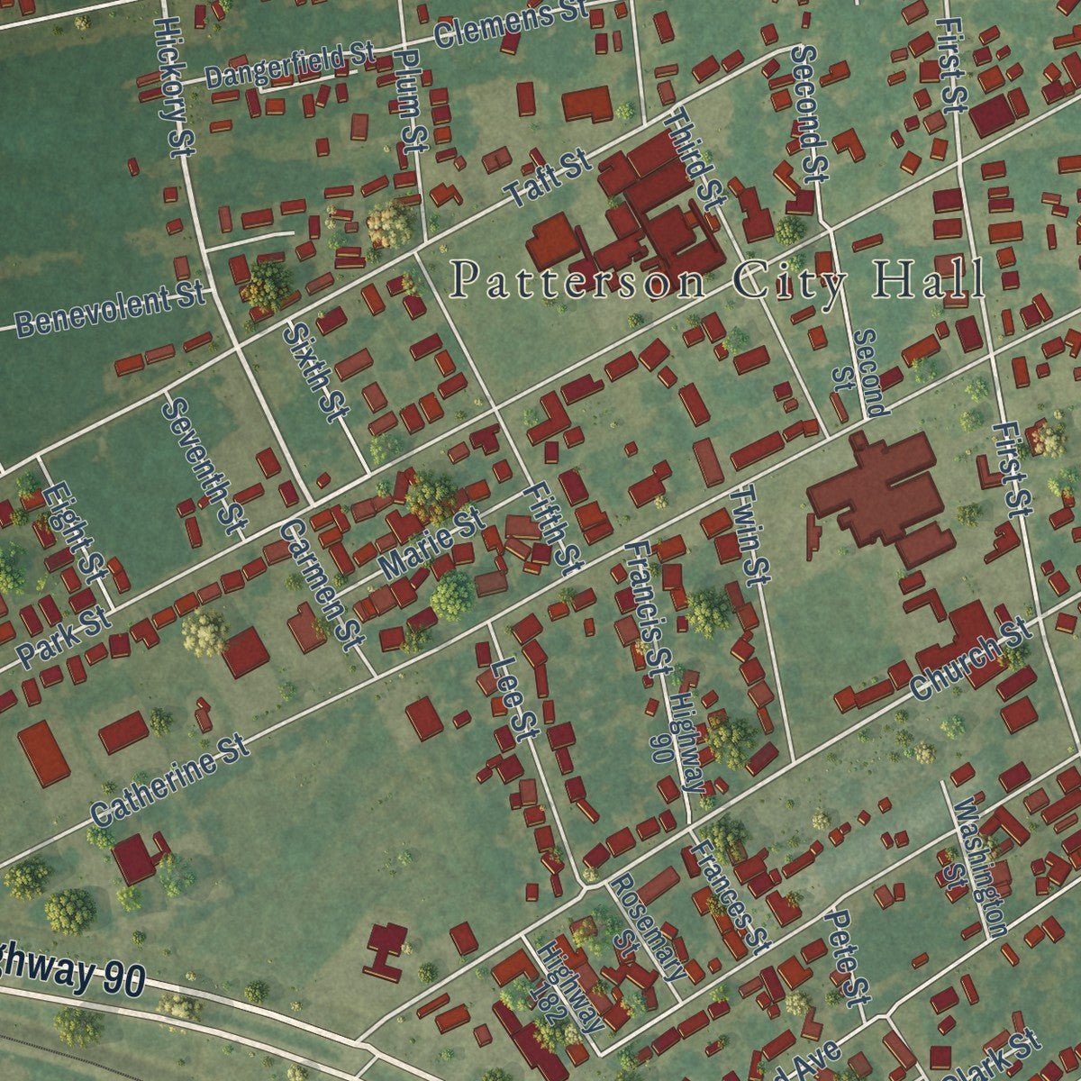 Second close-up of the map of Patterson, Louisiana print showing more streets and buildings