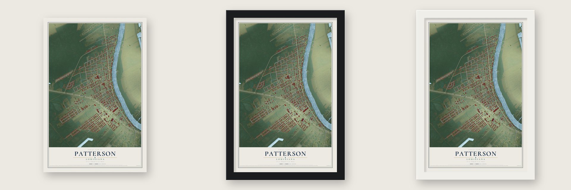 Patterson, Louisiana map unframed, in a black wood frame and in a white wood frame