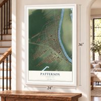 Patterson, Louisiana map, 24 x 36 inch print in a white frame by a staircase