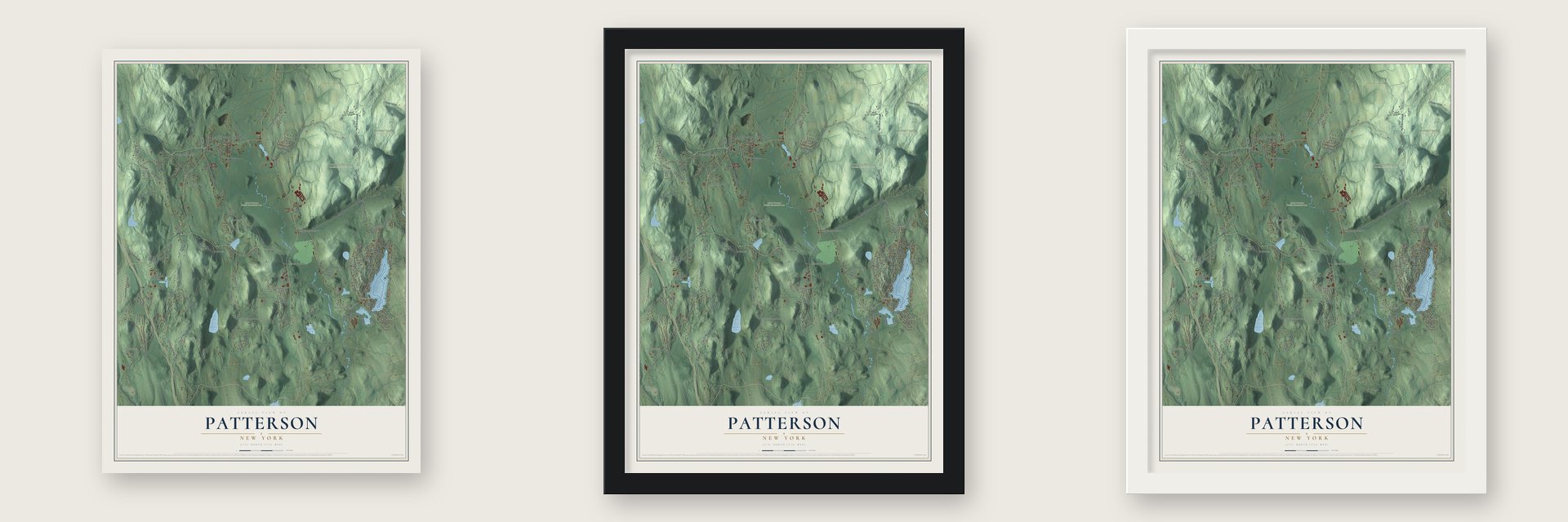 Patterson, New York map unframed, in a black wood frame and in a white wood frame