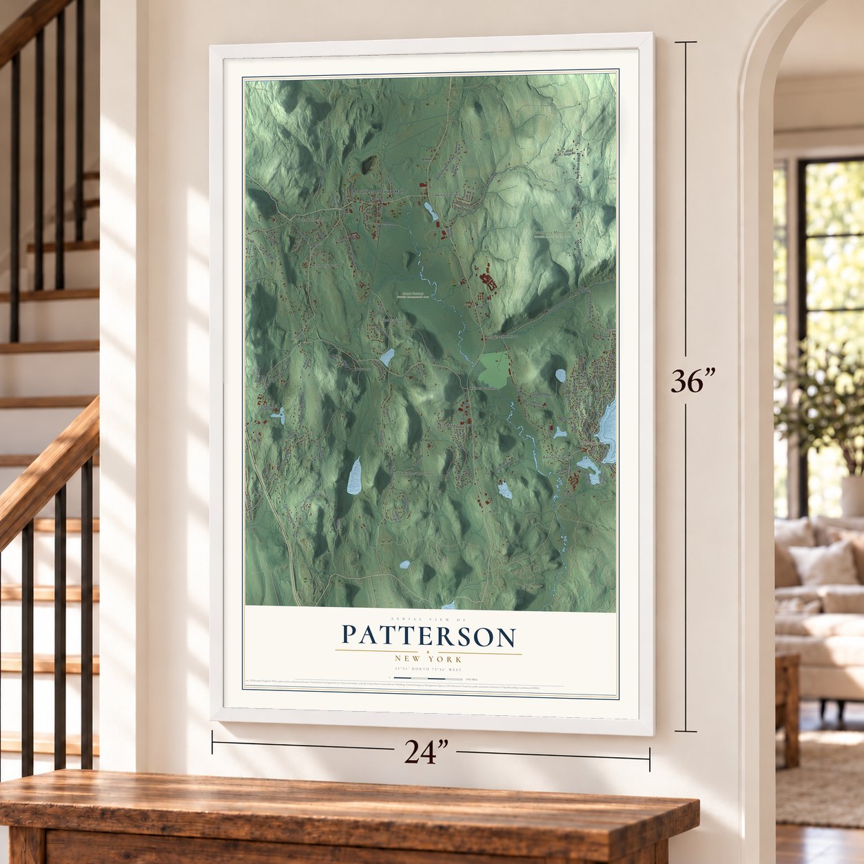 Patterson, New York map, 24 x 36 inch print in a white frame by a staircase