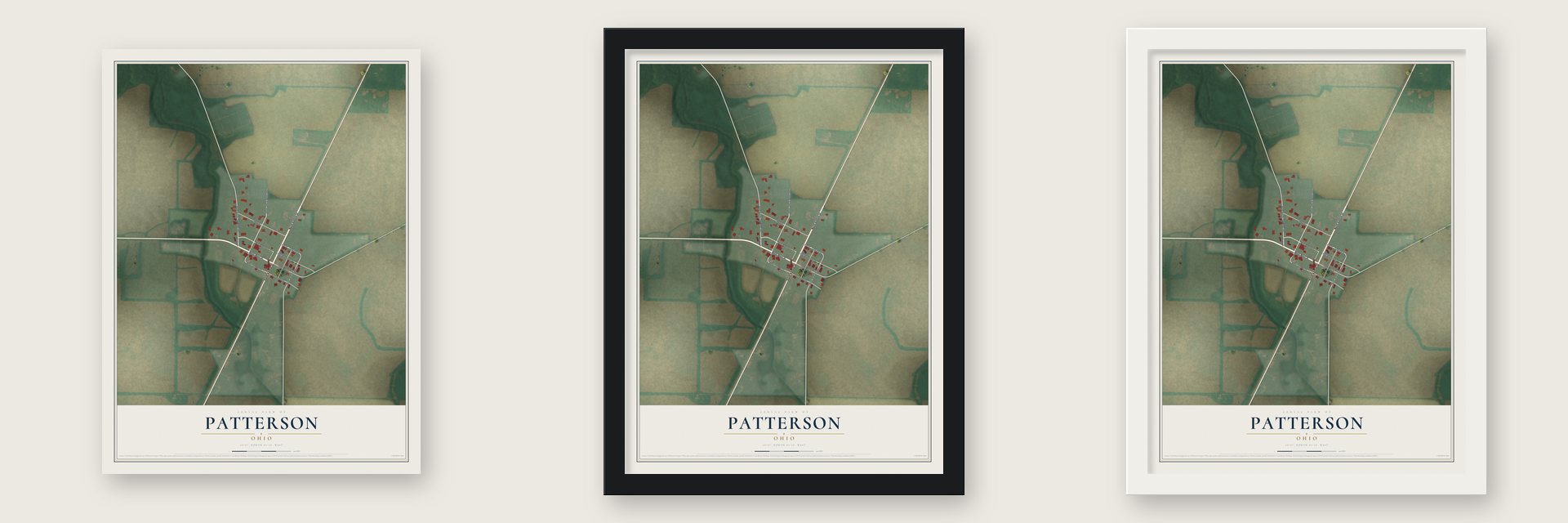 Patterson, Ohio map unframed, in a black wood frame and in a white wood frame