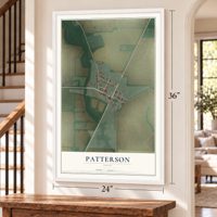 Patterson, Ohio map, 24 x 36 inch print in a white frame by a staircase