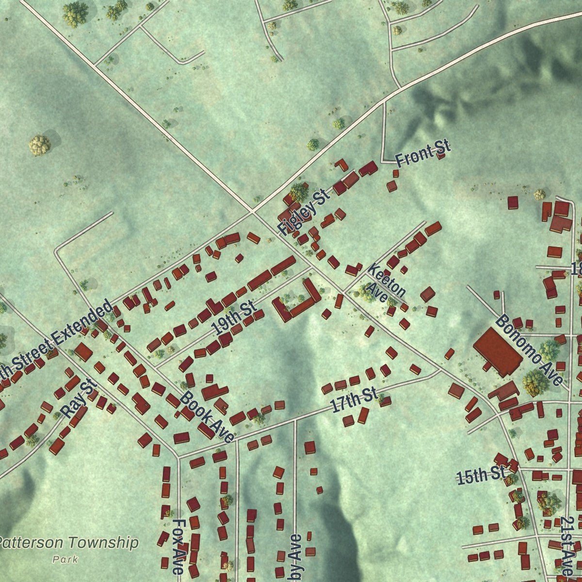 Second close-up of the map of Patterson, Pennsylvania print showing more streets and buildings
