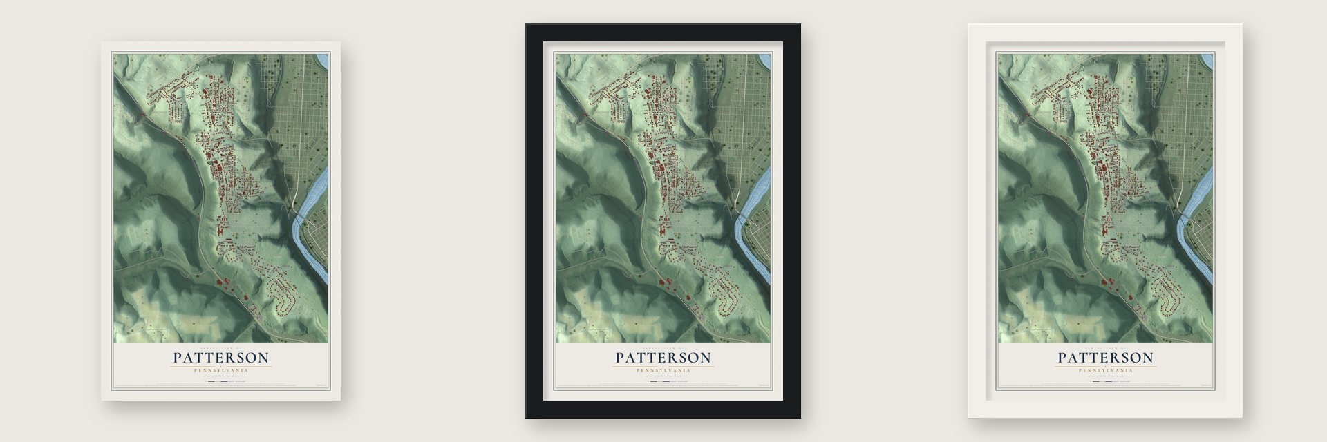 Patterson, Pennsylvania map unframed, in a black wood frame and in a white wood frame