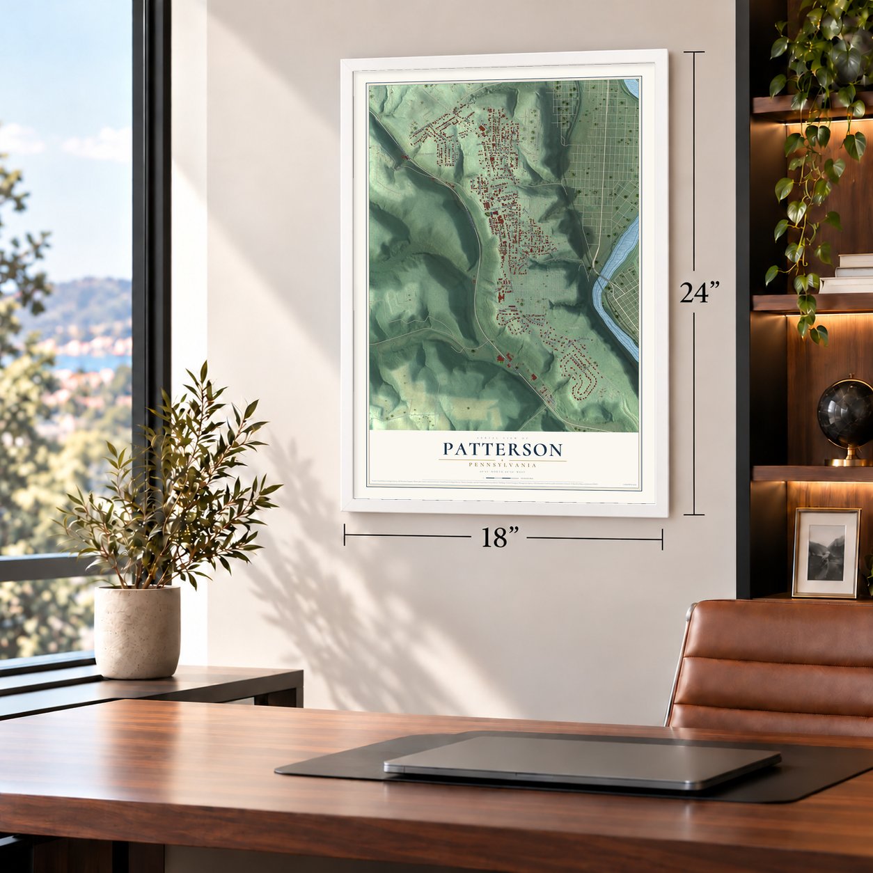 Patterson, Pennsylvania map, 18 x 24 inch print in a white frame in a home office
