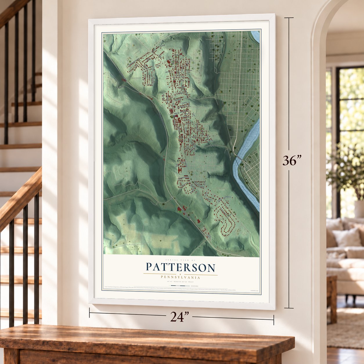 Patterson, Pennsylvania map, 24 x 36 inch print in a white frame by a staircase