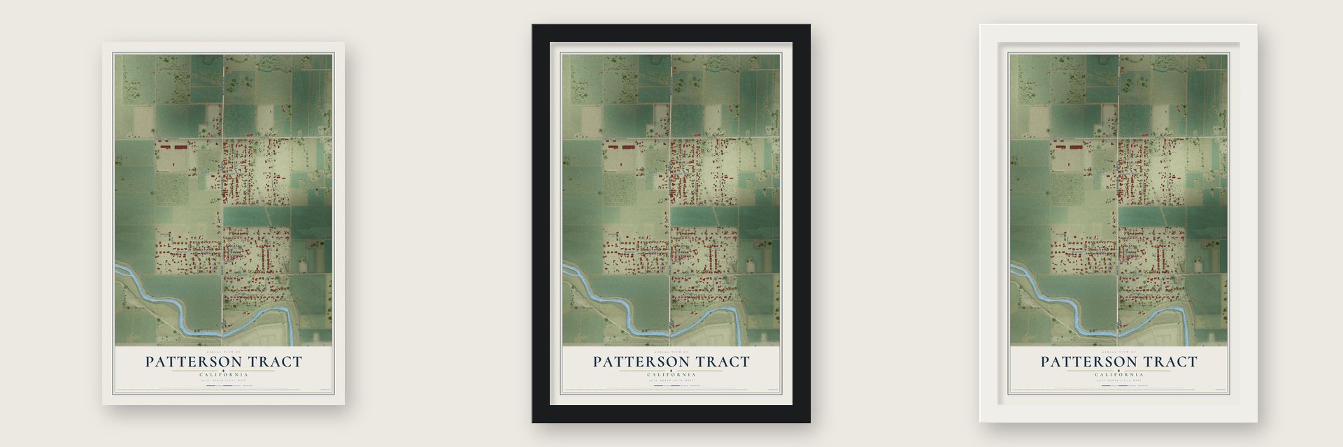 Patterson Tract, California map unframed, in a black wood frame and in a white wood frame