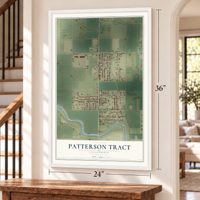 Patterson Tract, California map, 24 x 36 inch print in a white frame by a staircase