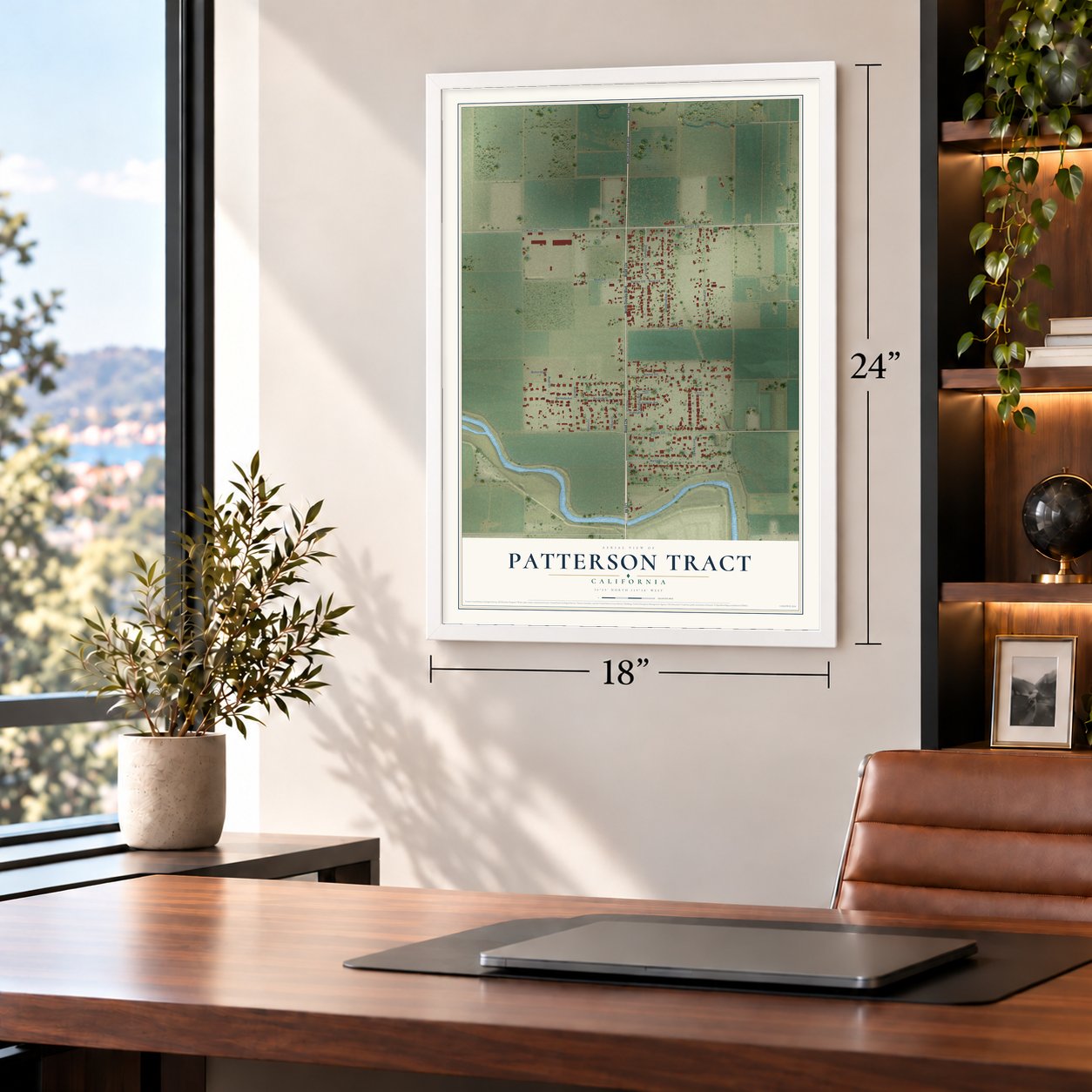 Patterson Tract, California map, 18 x 24 inch print in a white frame in a home office