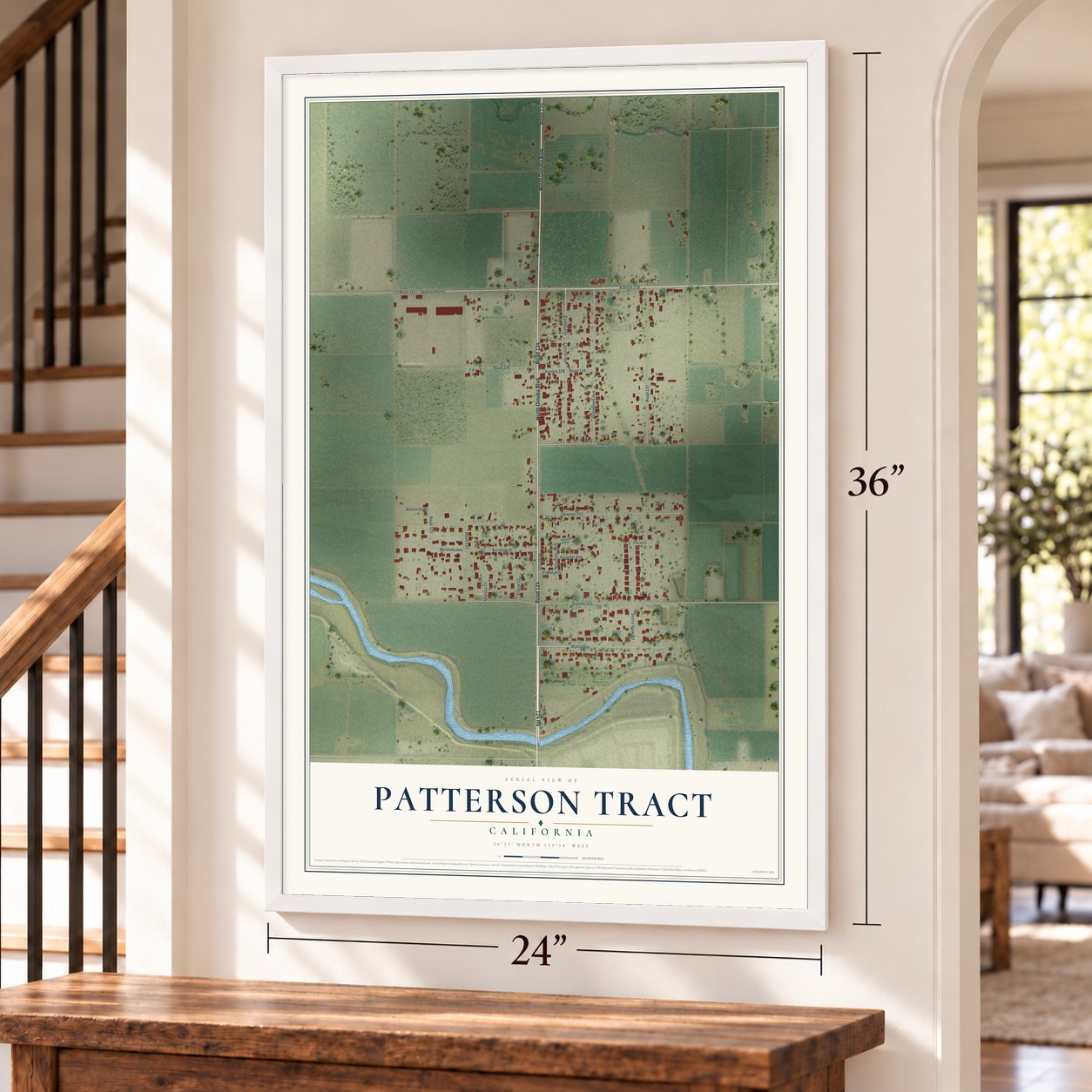 Patterson Tract, California map, 24 x 36 inch print in a white frame by a staircase