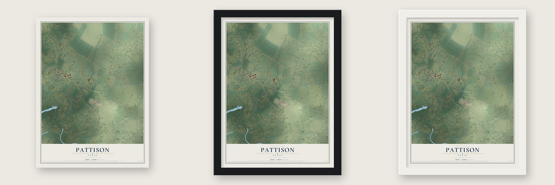 Pattison, Texas map unframed, in a black wood frame and in a white wood frame