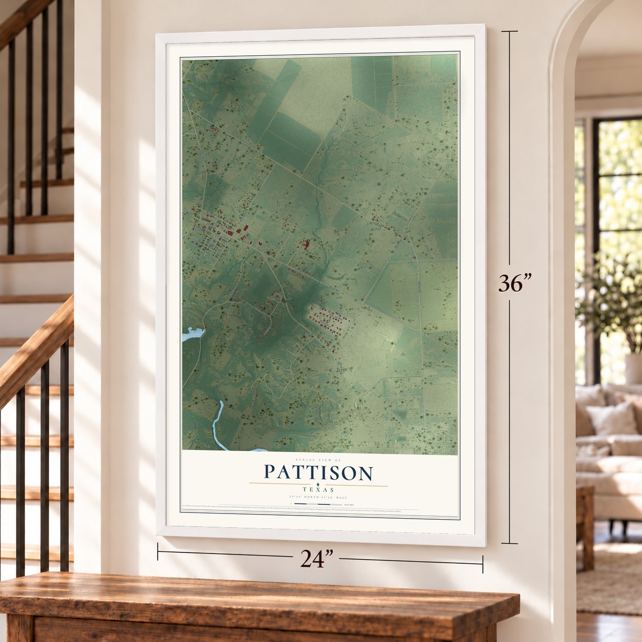 Pattison, Texas map, 24 x 36 inch print in a white frame by a staircase