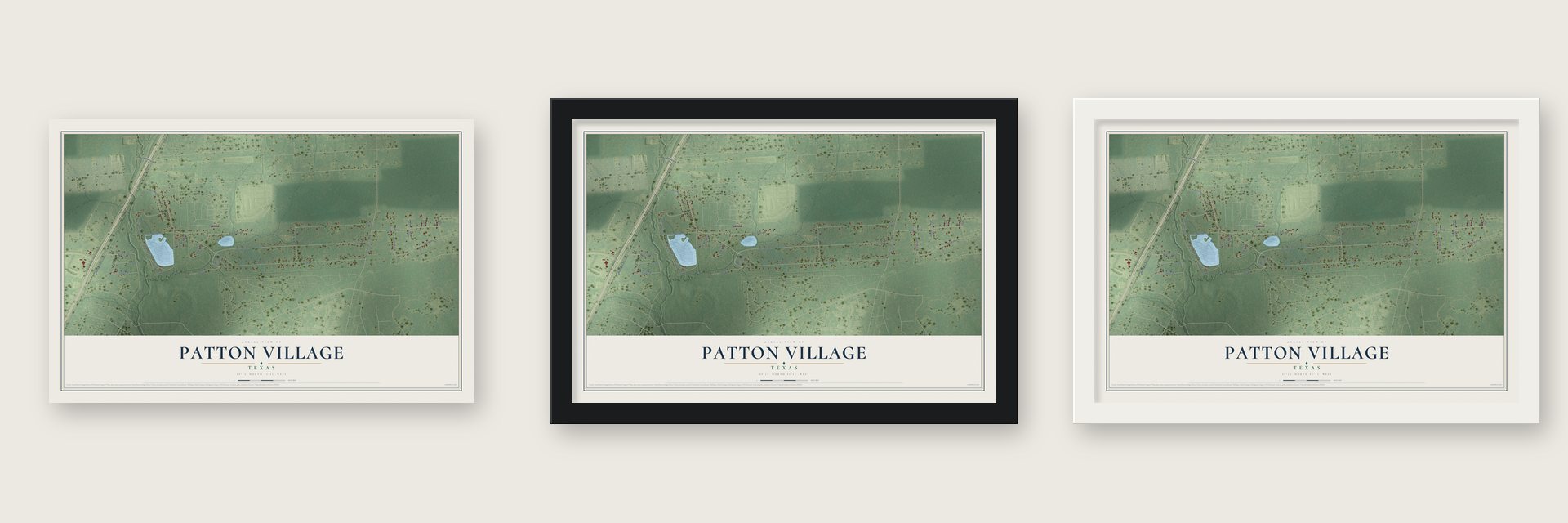 Patton Village, Texas map unframed, in a black wood frame and in a white wood frame