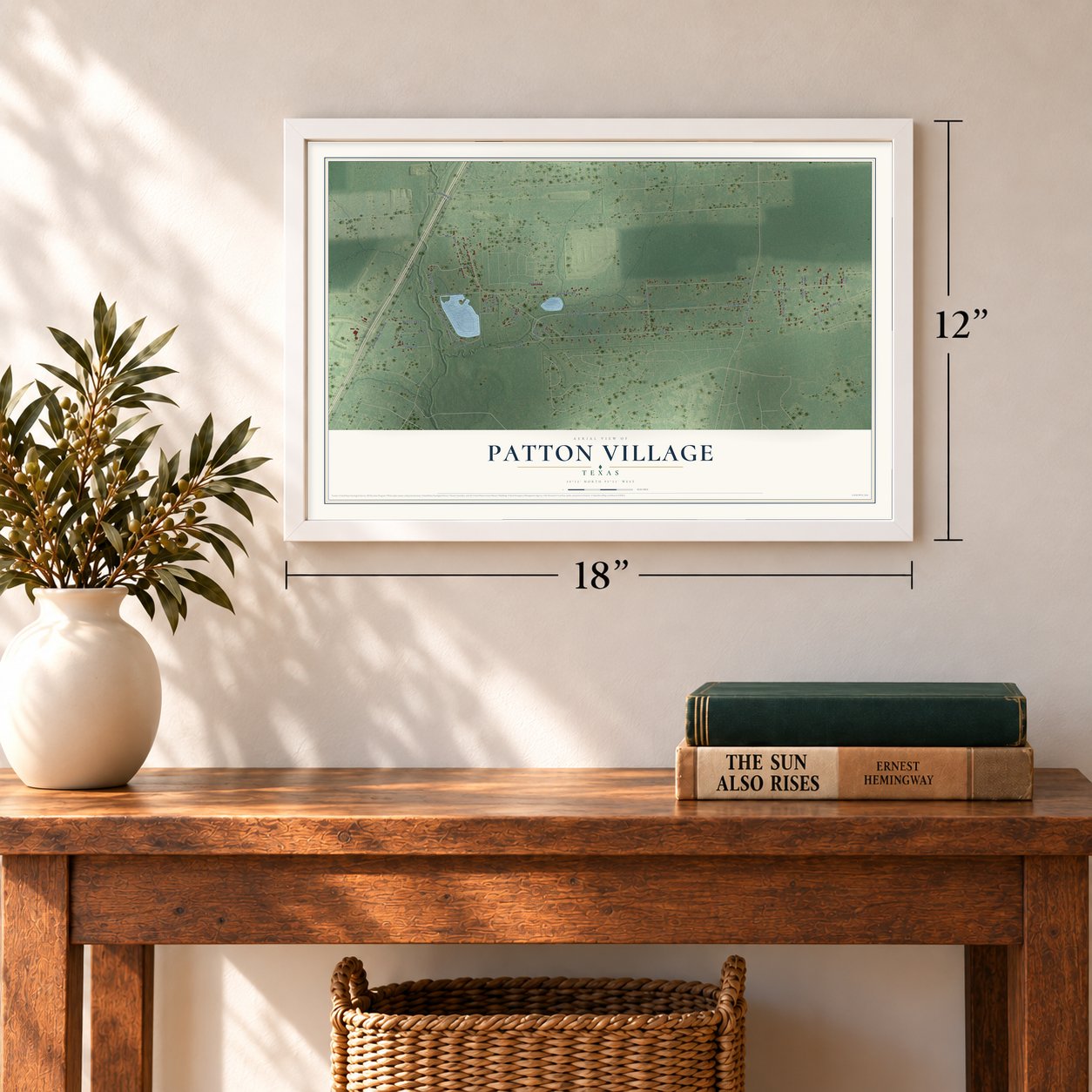 Patton Village, Texas map, 12 x 18 inch print in a white frame in an entryway