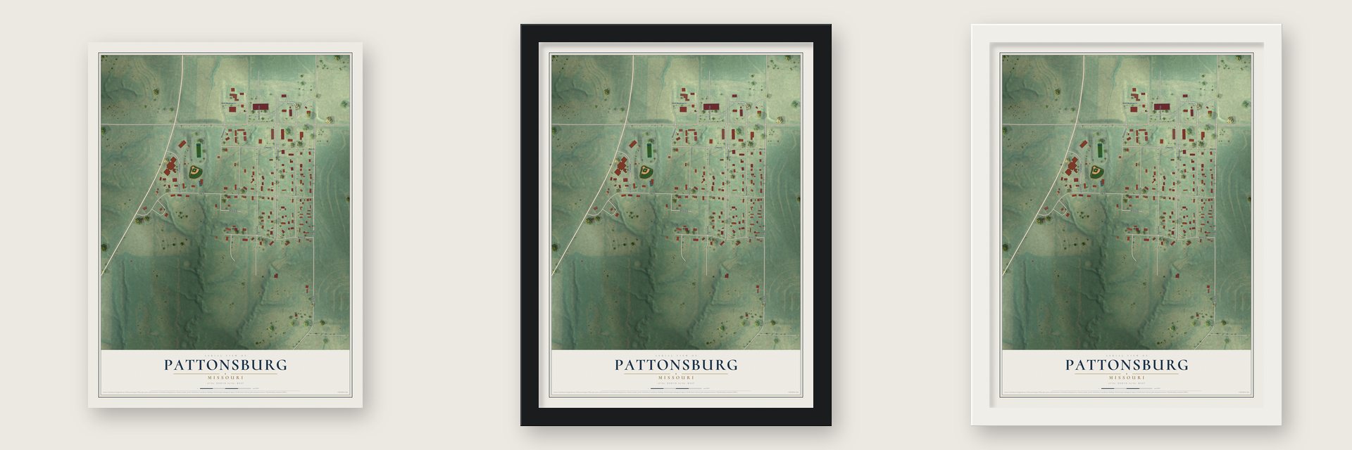 Pattonsburg, Missouri map unframed, in a black wood frame and in a white wood frame