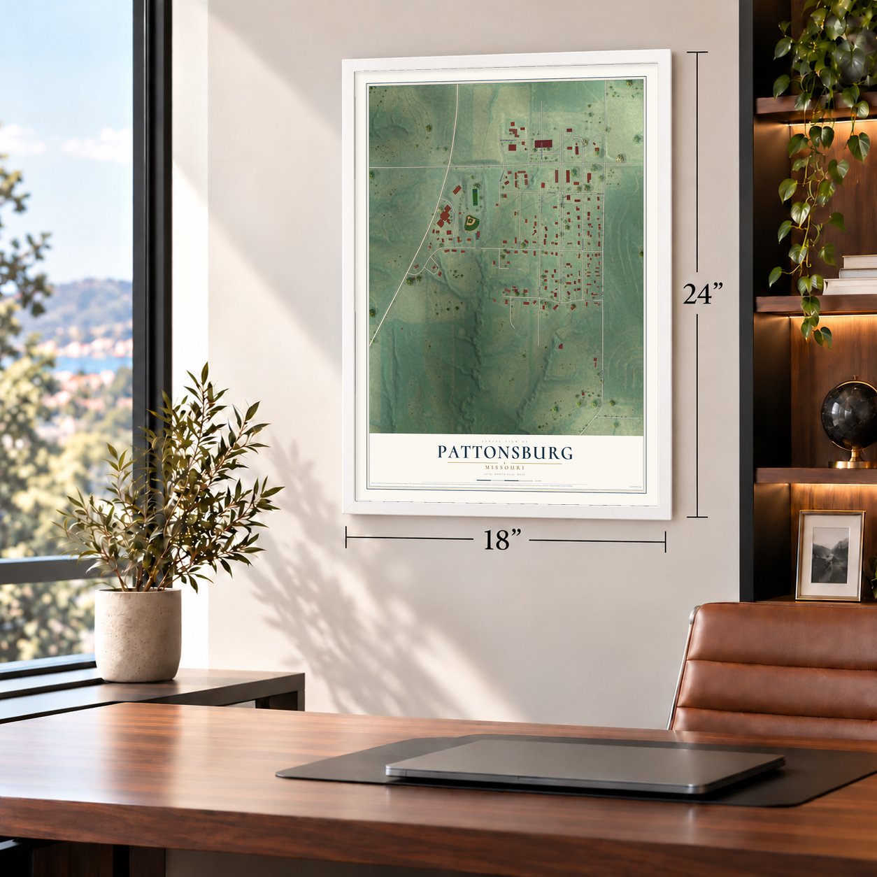 Pattonsburg, Missouri map, 18 x 24 inch print in a white frame in a home office