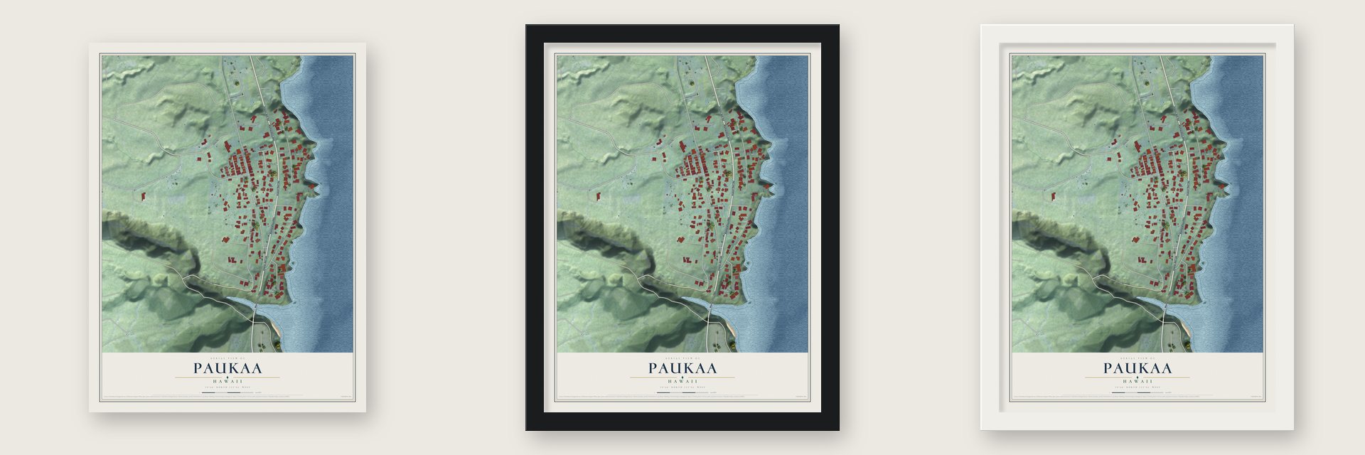 Paukaa, Hawaii map unframed, in a black wood frame and in a white wood frame