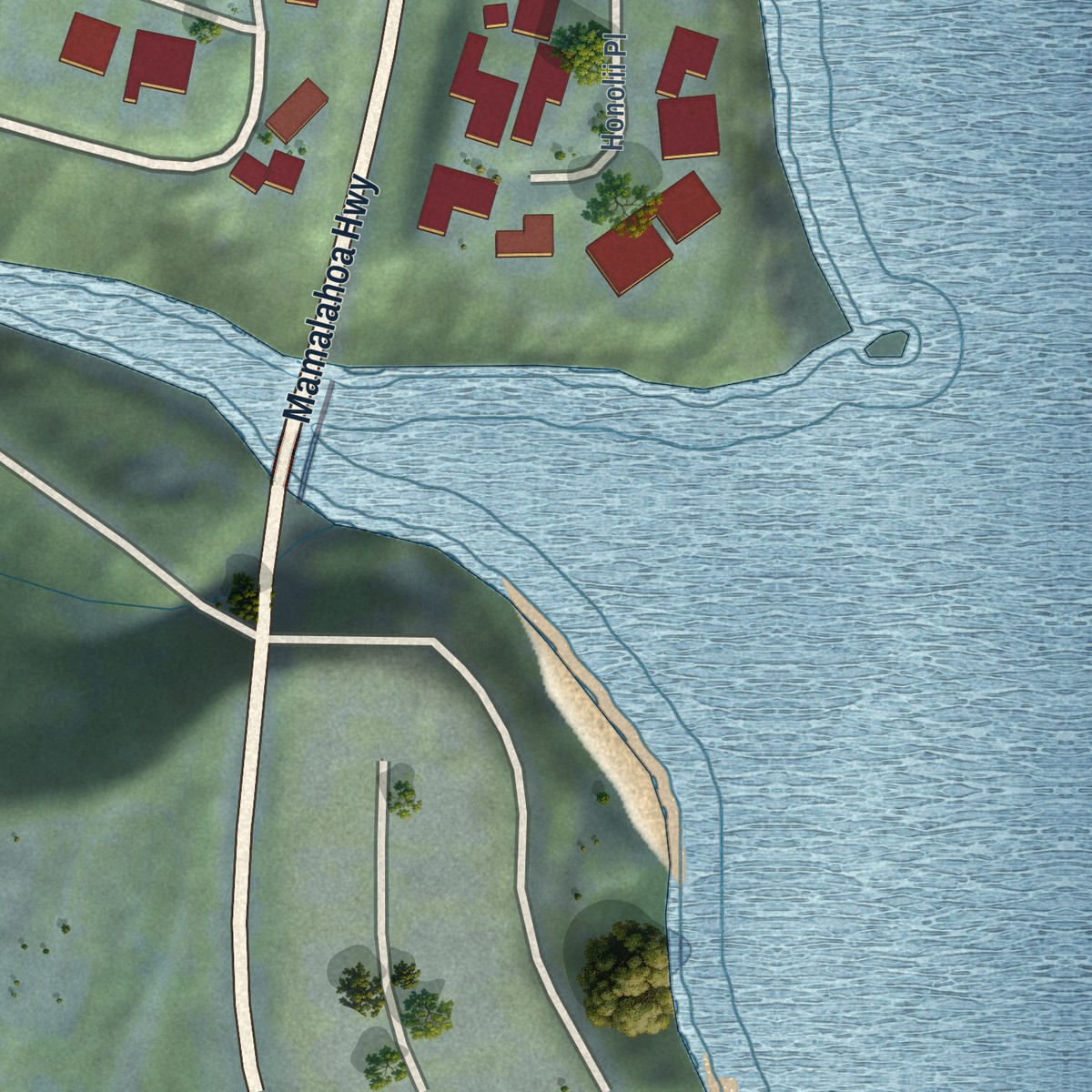 Second close-up of the map of Paukaa, Hawaii print showing more streets and buildings