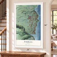 Paukaa, Hawaii map, 24 x 36 inch print in a white frame by a staircase